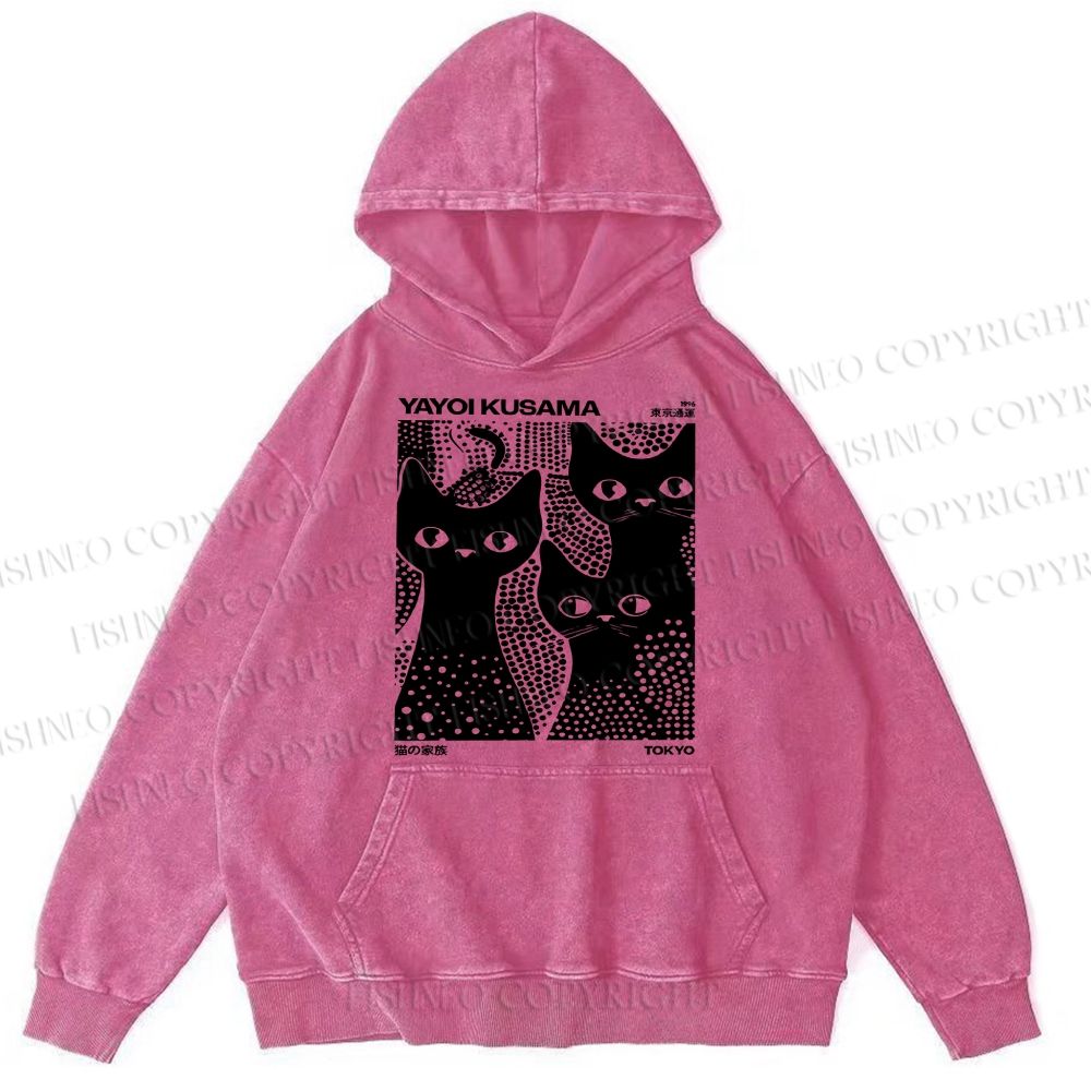 Unisex Casual Japanese Yayoi Kusama Black Cat Printed Washed Hoodie