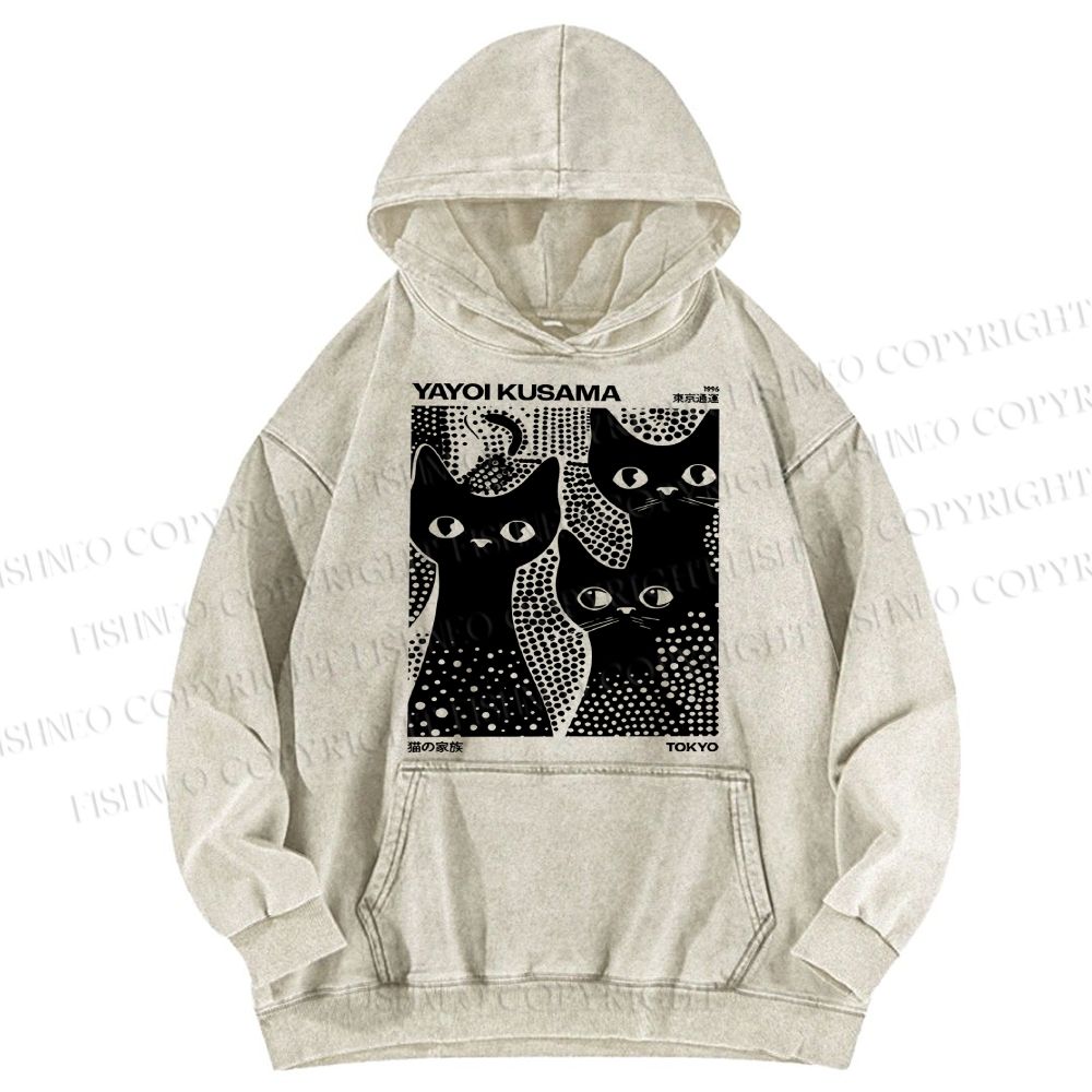 Unisex Casual Japanese Yayoi Kusama Black Cat Printed Washed Hoodie