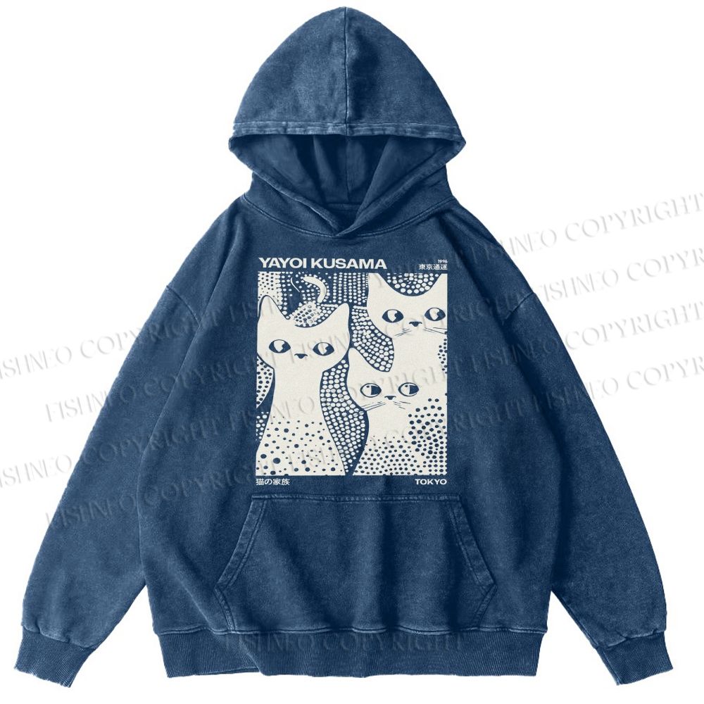 Unisex Casual Japanese Yayoi Kusama Black Cat Printed Washed Hoodie