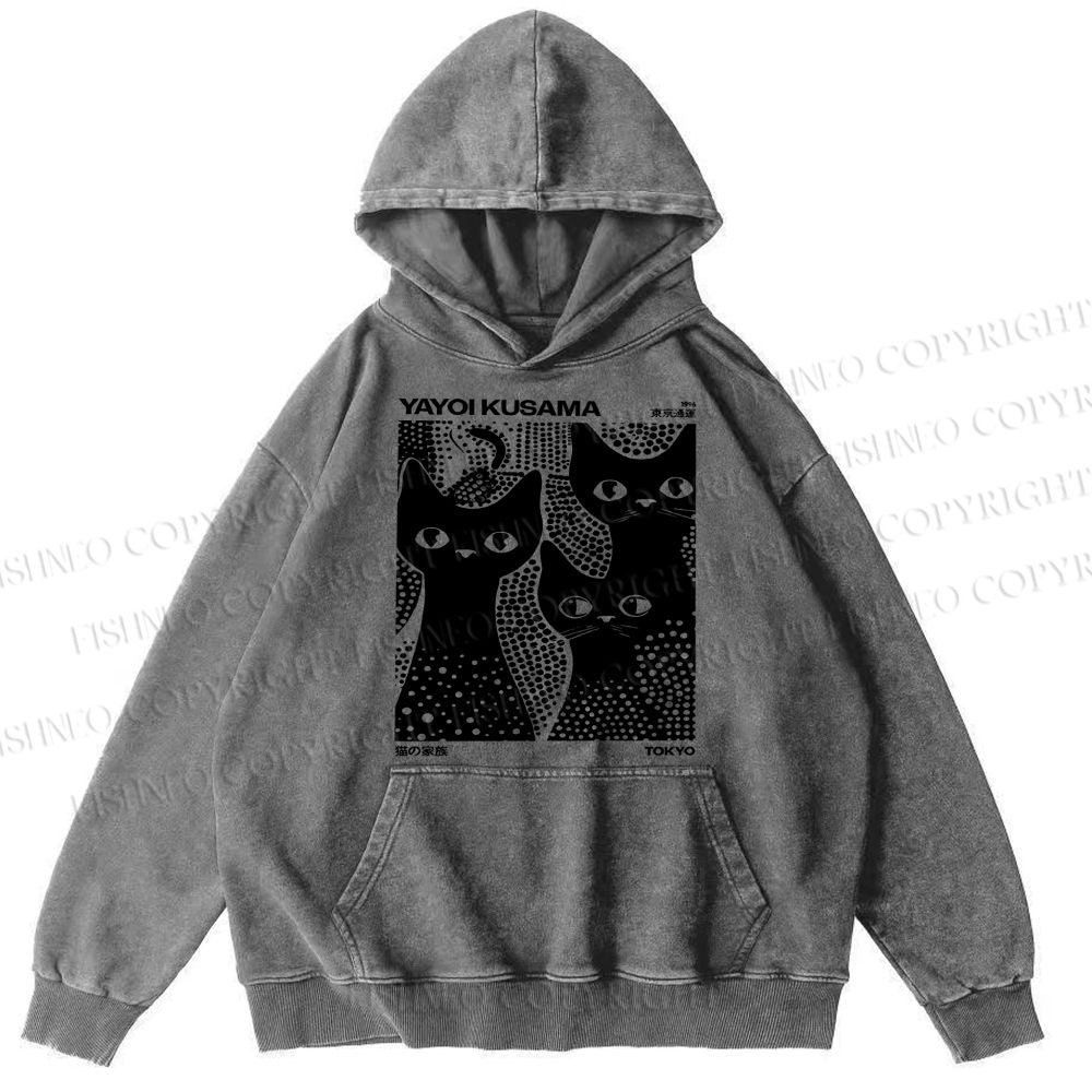 Unisex Casual Japanese Yayoi Kusama Black Cat Printed Washed Hoodie