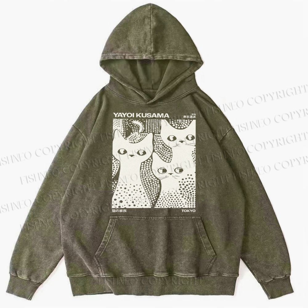 Unisex Casual Japanese Yayoi Kusama Black Cat Printed Washed Hoodie