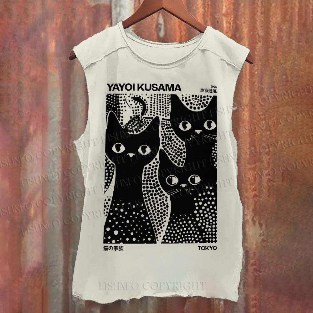Casual Japanese Yayoi Kusama Black Cat Printed Tank Top
