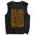 Unisex Japanese Line Tiger Printed Washed Tank Top