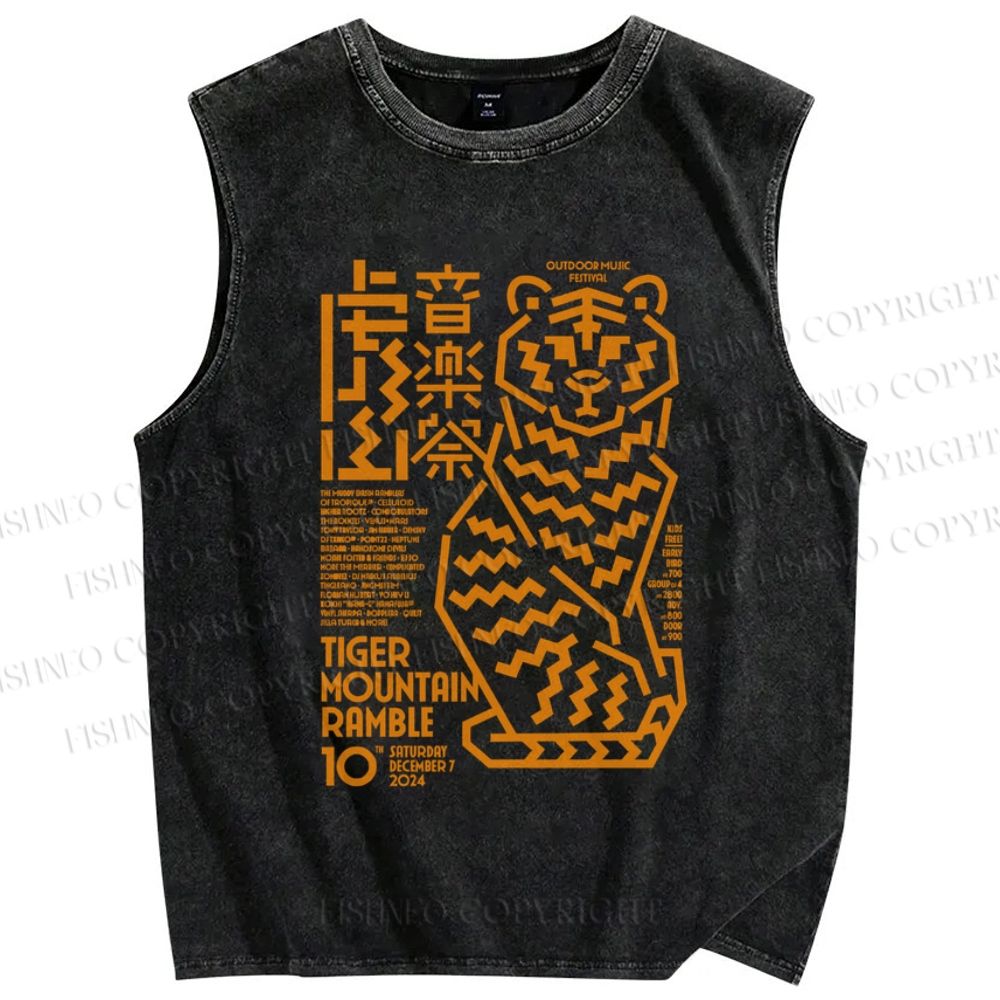 Unisex Japanese Line Tiger Printed Washed Tank Top