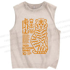 Unisex Japanese Line Tiger Printed Washed Tank Top
