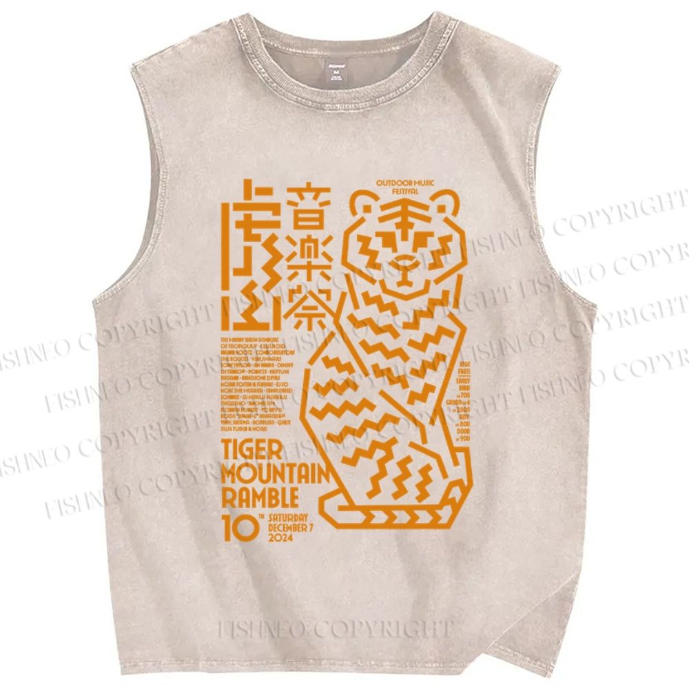Unisex Japanese Line Tiger Printed Washed Tank Top