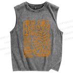 Unisex Japanese Line Tiger Printed Washed Tank Top