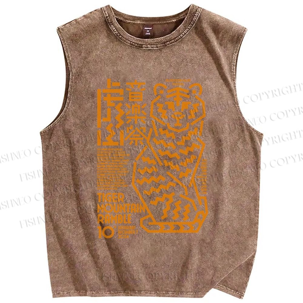 Unisex Japanese Line Tiger Printed Washed Tank Top
