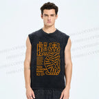 Unisex Japanese Line Tiger Printed Washed Tank Top