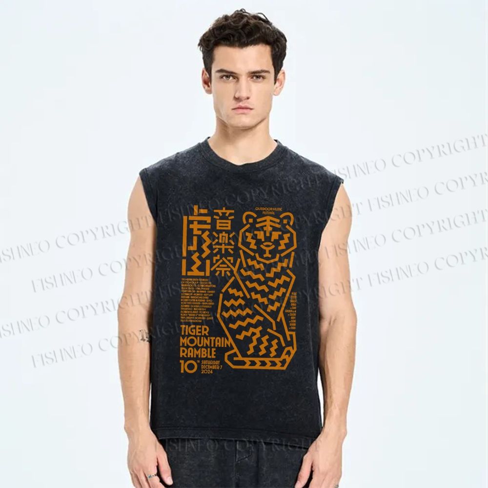 Unisex Japanese Line Tiger Printed Washed Tank Top