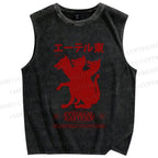 Unisex Japanese Wolf Graffiti Printed Washed Tank Top