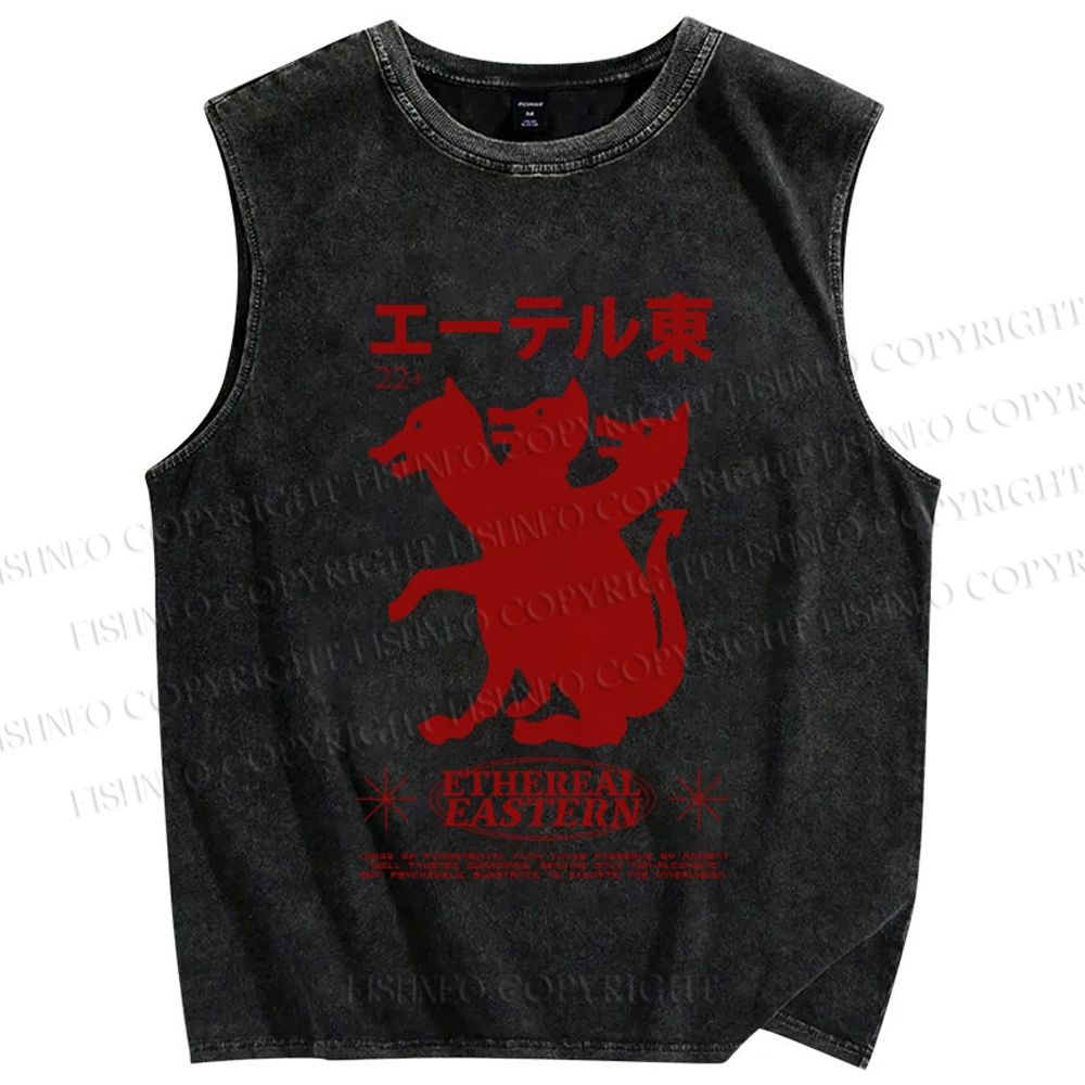 Unisex Japanese Wolf Graffiti Printed Washed Tank Top