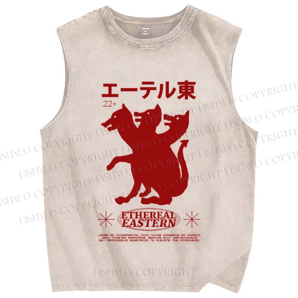 Unisex Japanese Wolf Graffiti Printed Washed Tank Top
