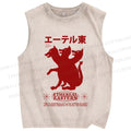 Unisex Japanese Wolf Graffiti Printed Washed Tank Top