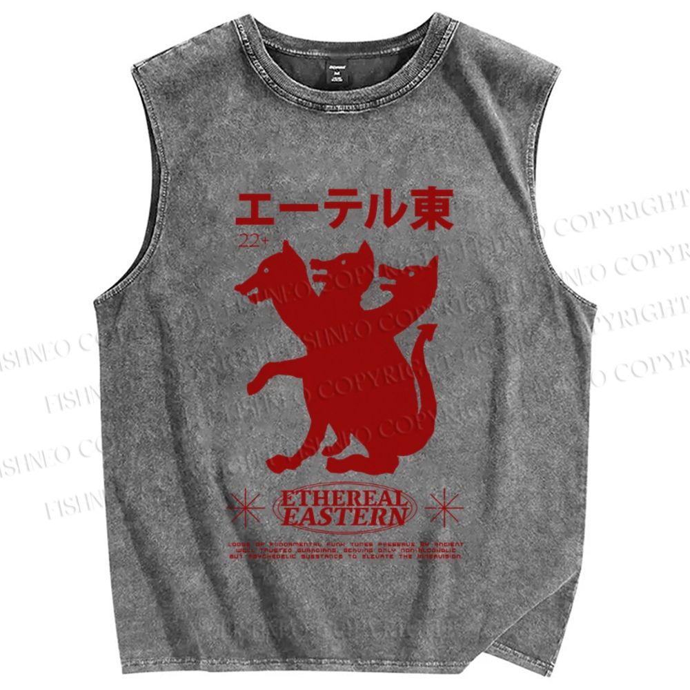 Unisex Japanese Wolf Graffiti Printed Washed Tank Top