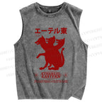 Unisex Japanese Wolf Graffiti Printed Washed Tank Top