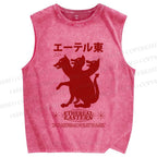 Unisex Japanese Wolf Graffiti Printed Washed Tank Top
