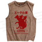 Unisex Japanese Wolf Graffiti Printed Washed Tank Top