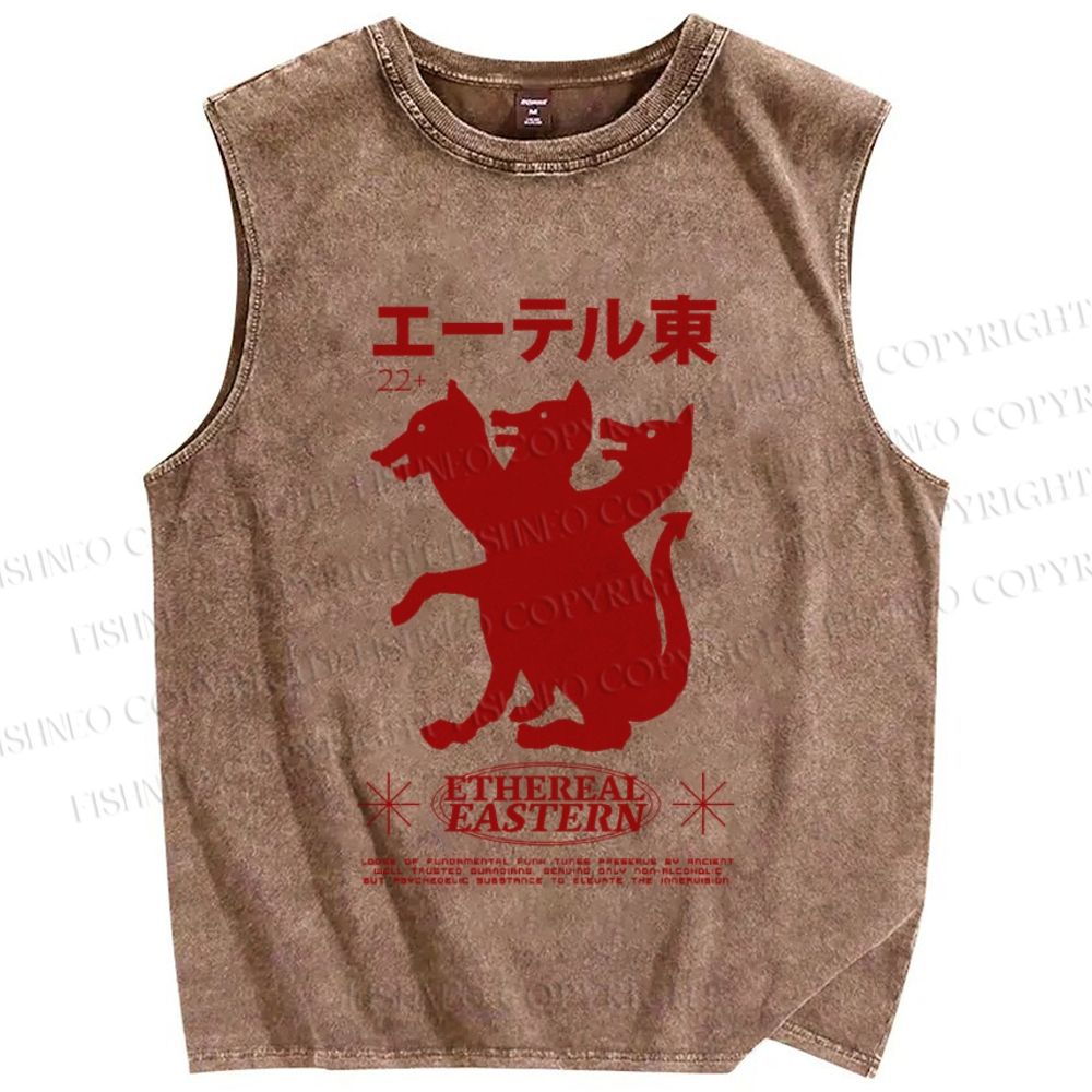 Unisex Japanese Wolf Graffiti Printed Washed Tank Top
