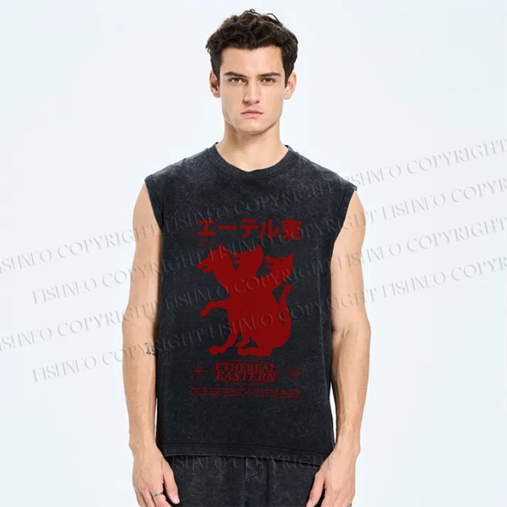 Unisex Japanese Wolf Graffiti Printed Washed Tank Top