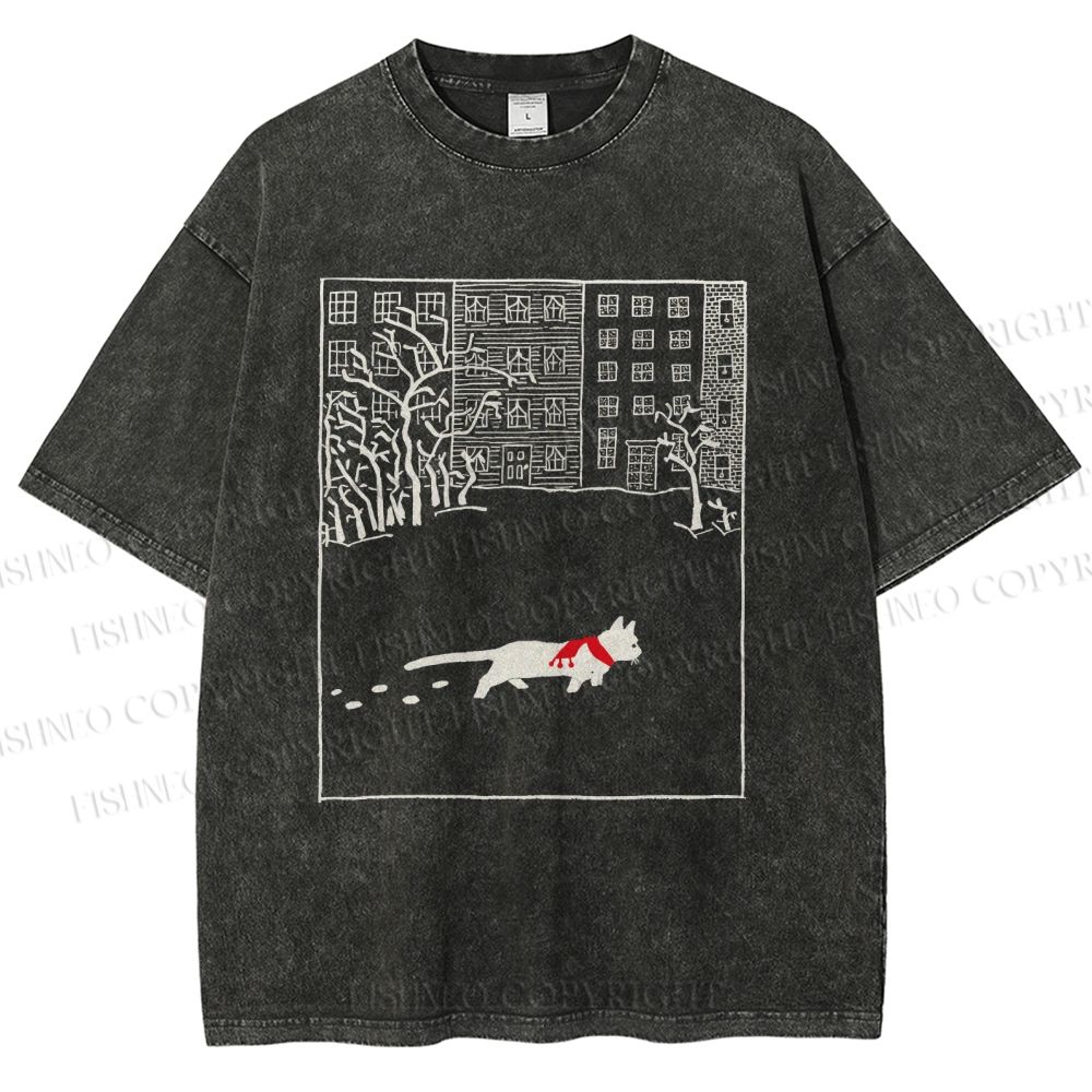 Unisex Vintage Cat In Snow Printed Washed Tee