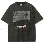 Unisex Vintage Cat In Snow Printed Washed Tee