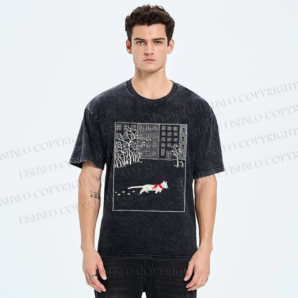 Unisex Vintage Cat In Snow Printed Washed Tee