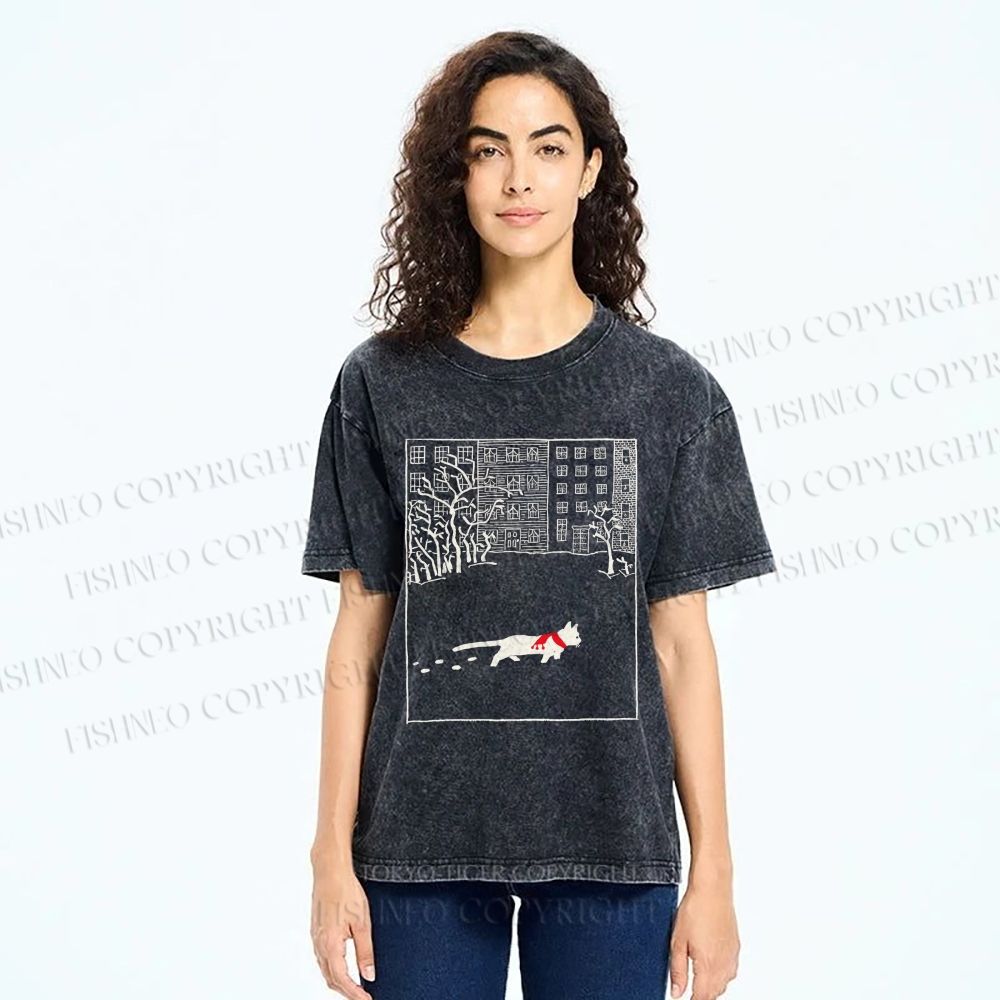 Unisex Vintage Cat In Snow Printed Washed Tee