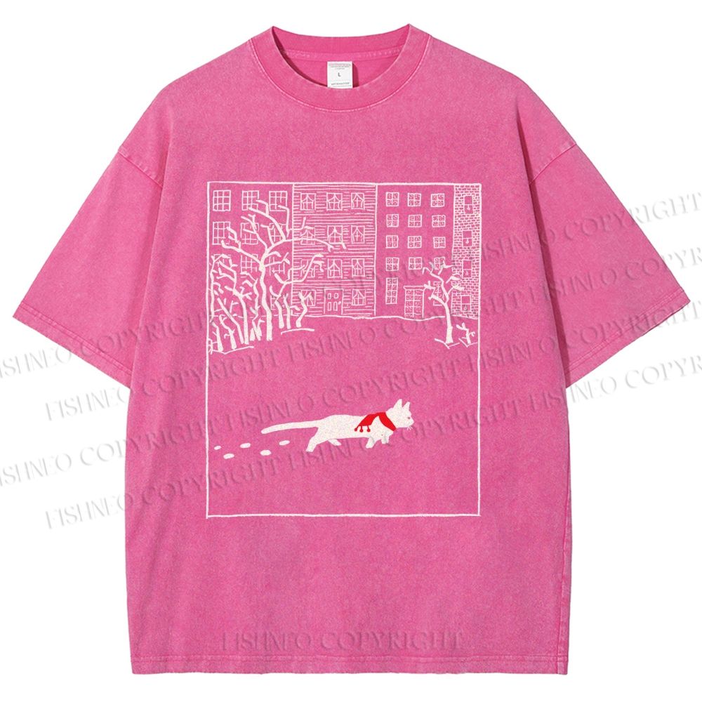 Unisex Vintage Cat In Snow Printed Washed Tee