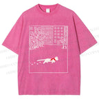 Unisex Vintage Cat In Snow Printed Washed Tee