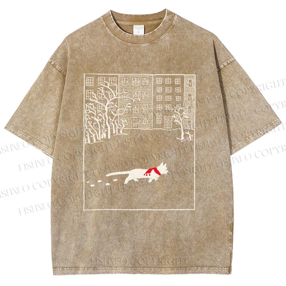 Unisex Vintage Cat In Snow Printed Washed Tee
