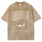 Unisex Vintage Cat In Snow Printed Washed Tee