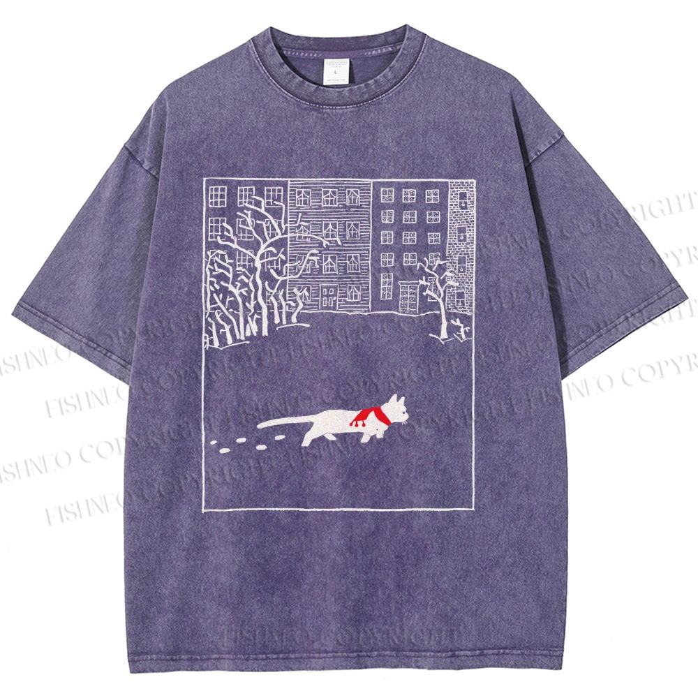 Unisex Vintage Cat In Snow Printed Washed Tee