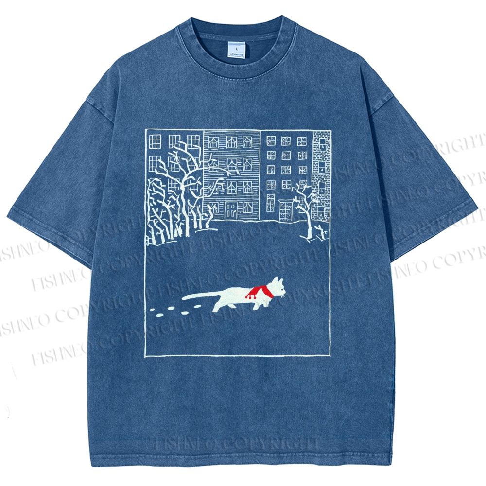 Unisex Vintage Cat In Snow Printed Washed Tee