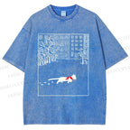 Unisex Vintage Cat In Snow Printed Washed Tee