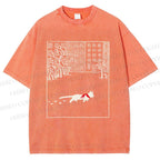 Unisex Vintage Cat In Snow Printed Washed Tee