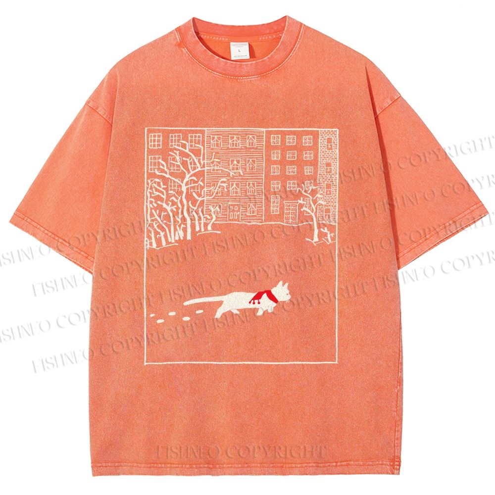 Unisex Vintage Cat In Snow Printed Washed Tee