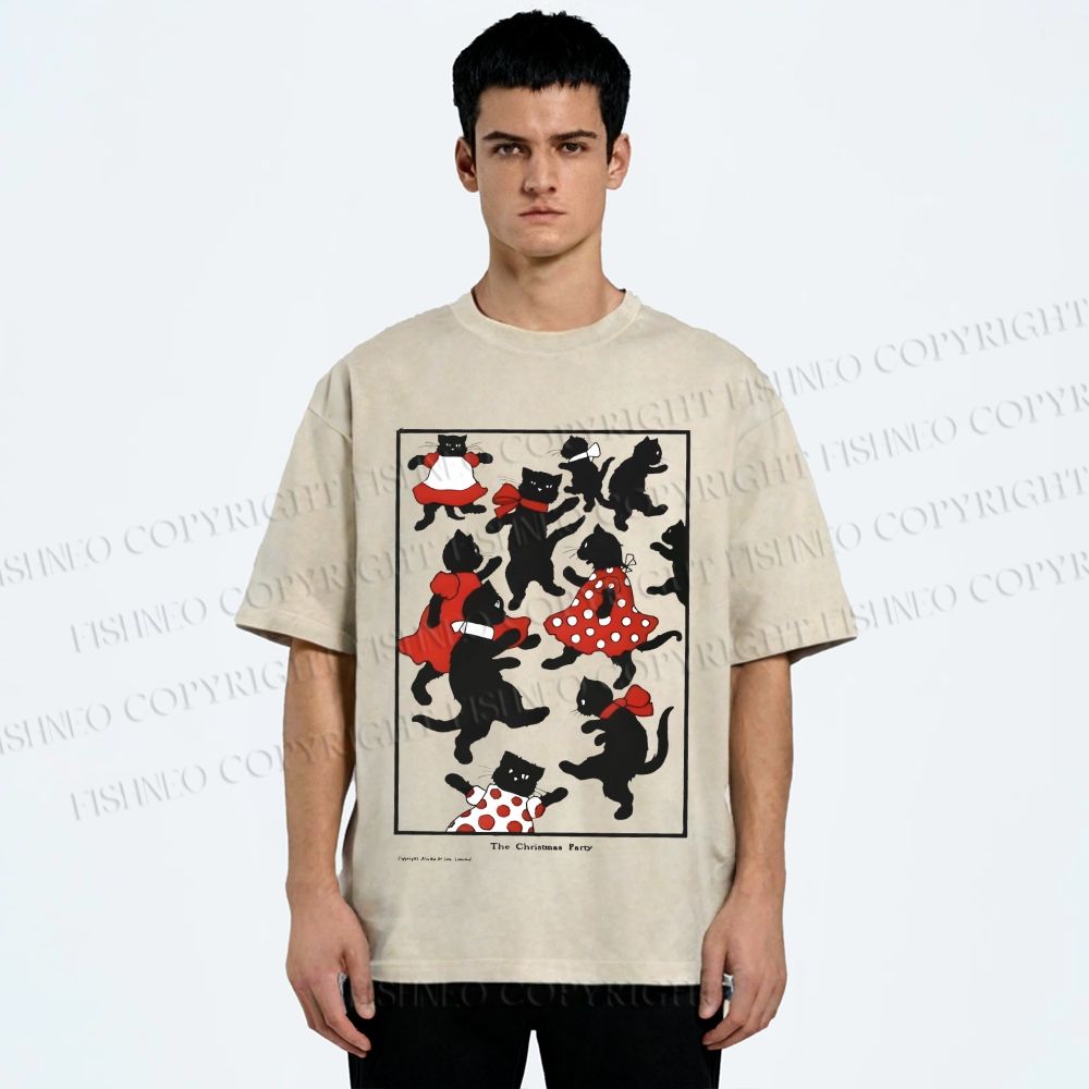 Unisex Vintage Cats Dancing Printed Washed Tee