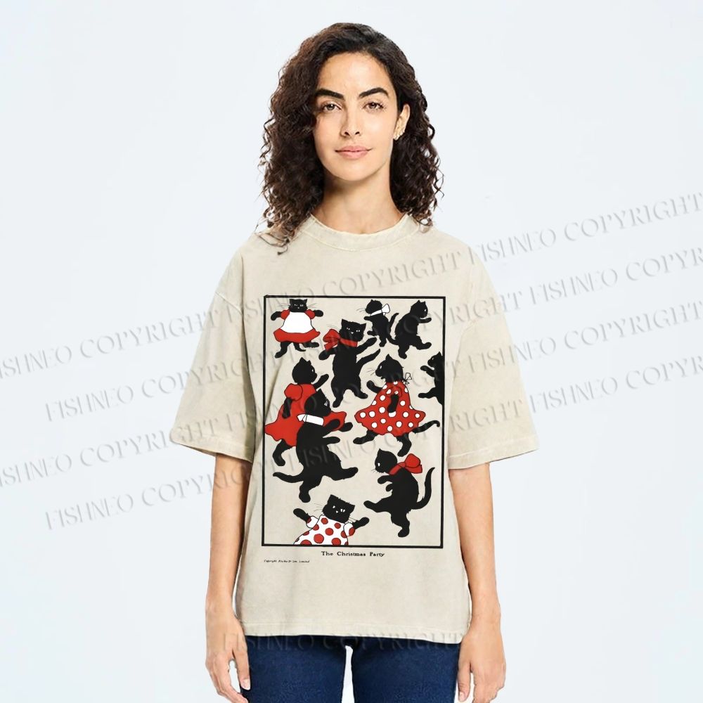 Unisex Vintage Cats Dancing Printed Washed Tee