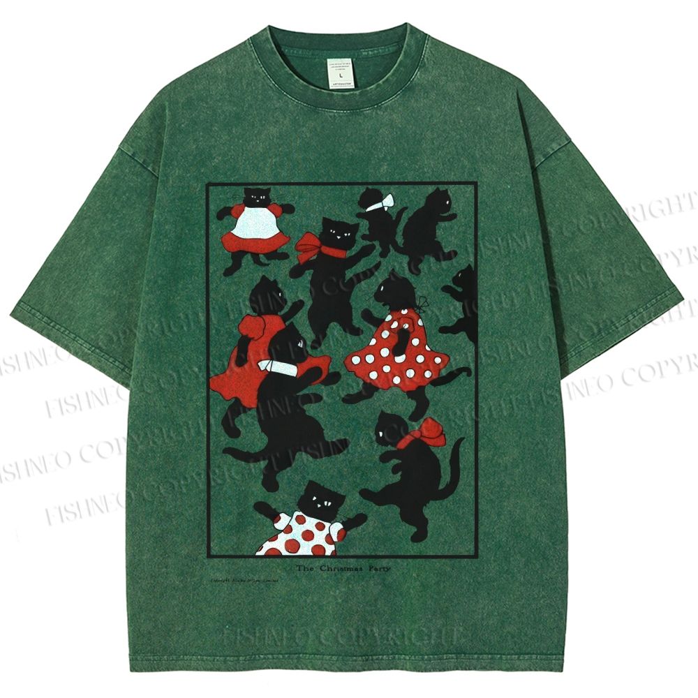 Unisex Vintage Cats Dancing Printed Washed Tee
