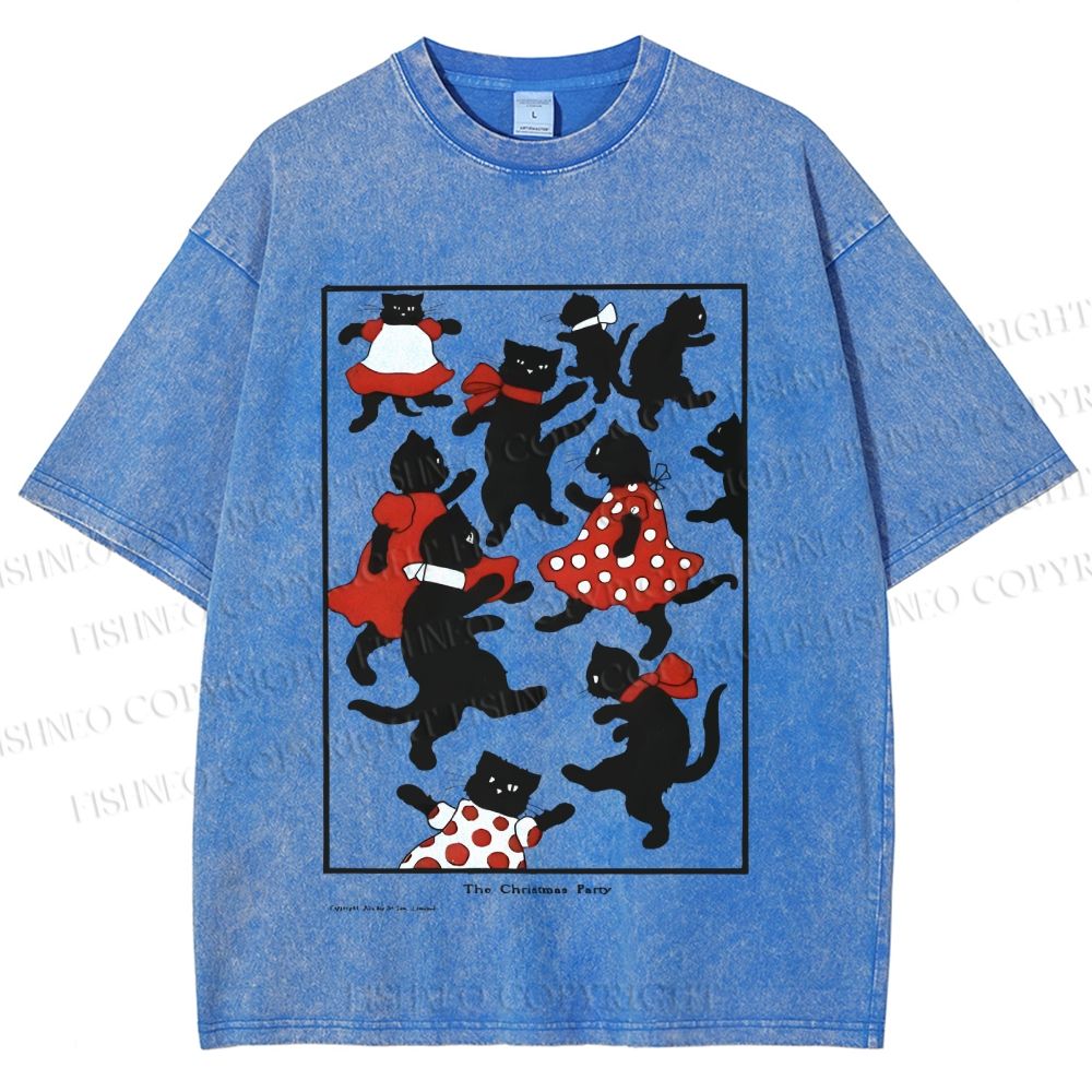 Unisex Vintage Cats Dancing Printed Washed Tee
