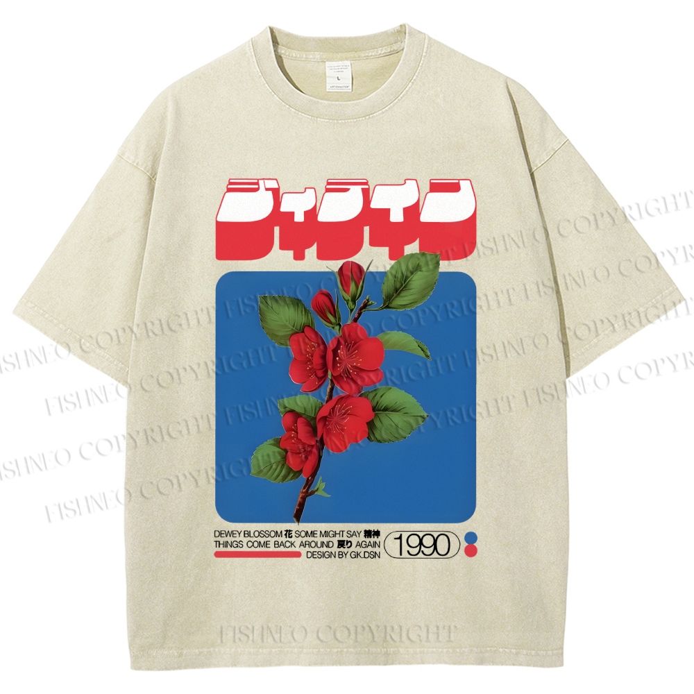 Unisex Vintage Japanese Flowers Poster Printed Washed Tee