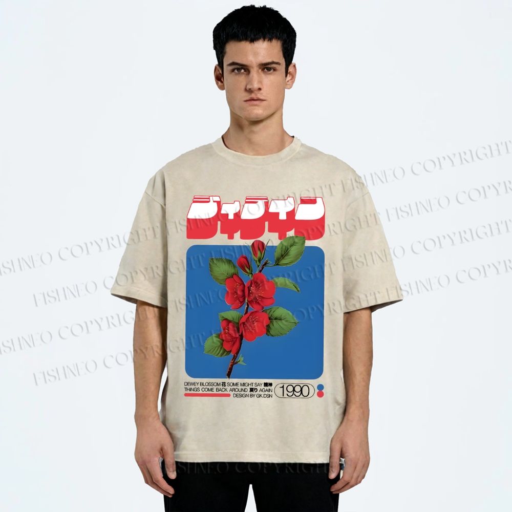 Unisex Vintage Japanese Flowers Poster Printed Washed Tee