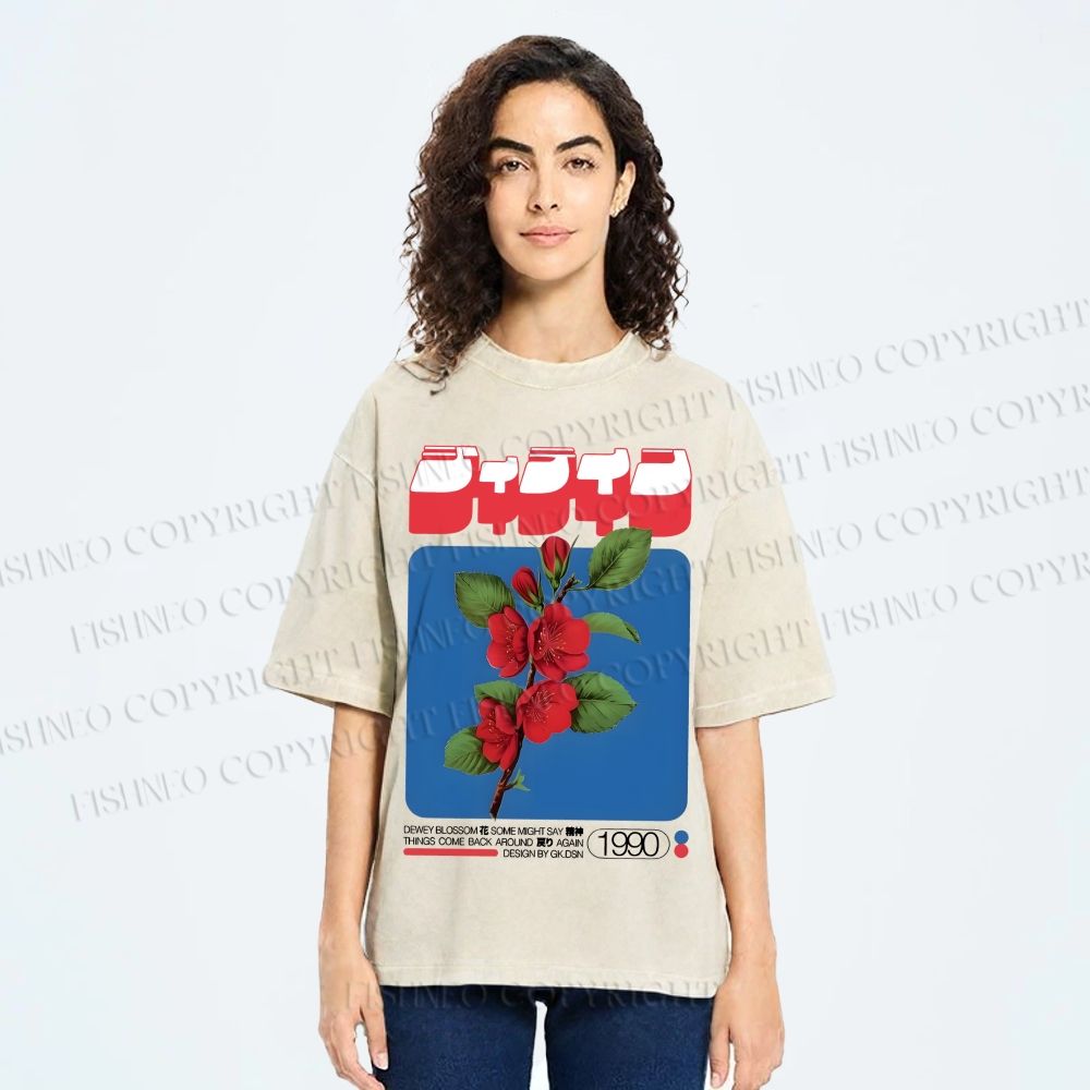 Unisex Vintage Japanese Flowers Poster Printed Washed Tee