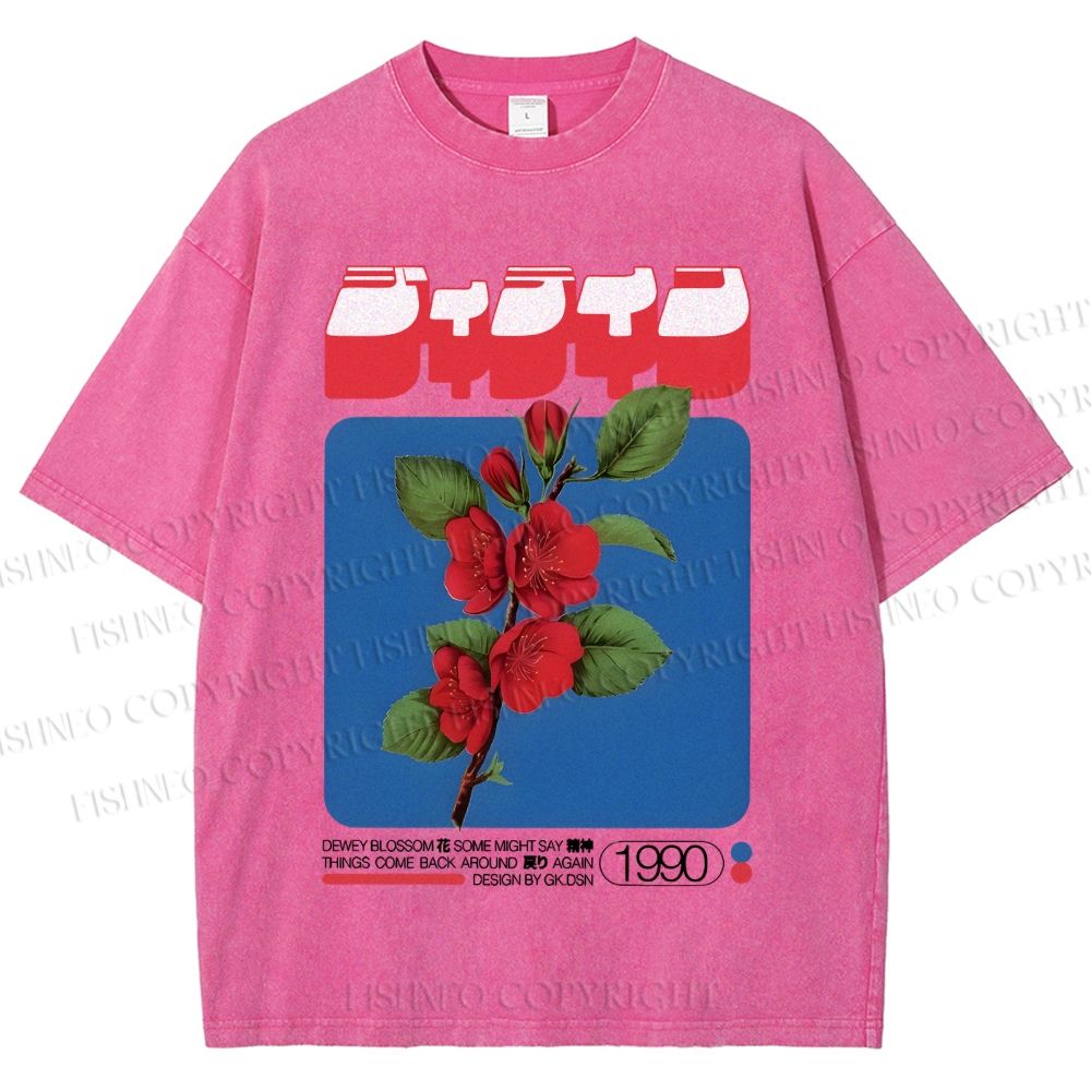 Unisex Vintage Japanese Flowers Poster Printed Washed Tee