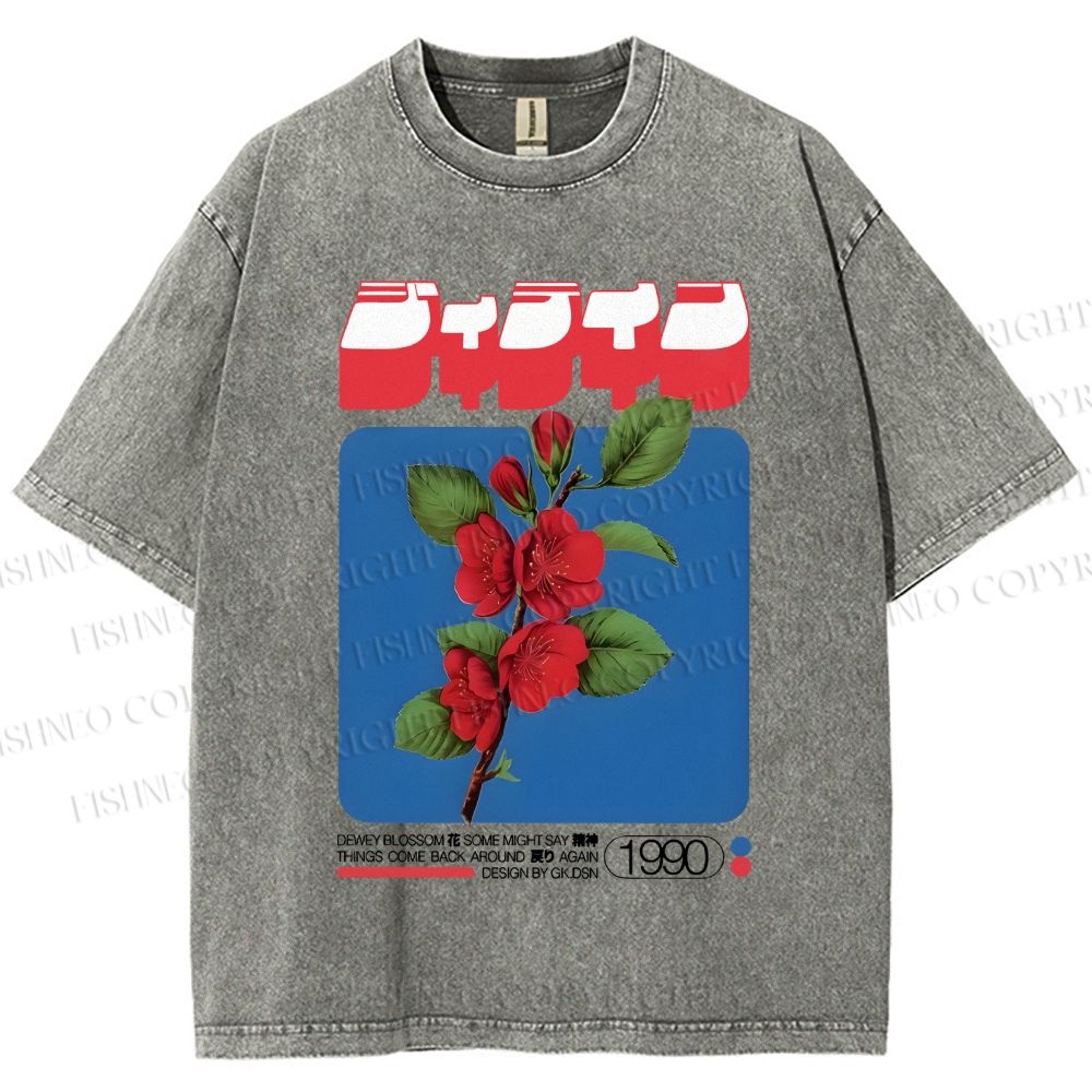 Unisex Vintage Japanese Flowers Poster Printed Washed Tee
