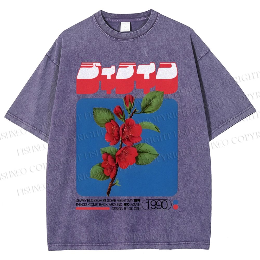 Unisex Vintage Japanese Flowers Poster Printed Washed Tee