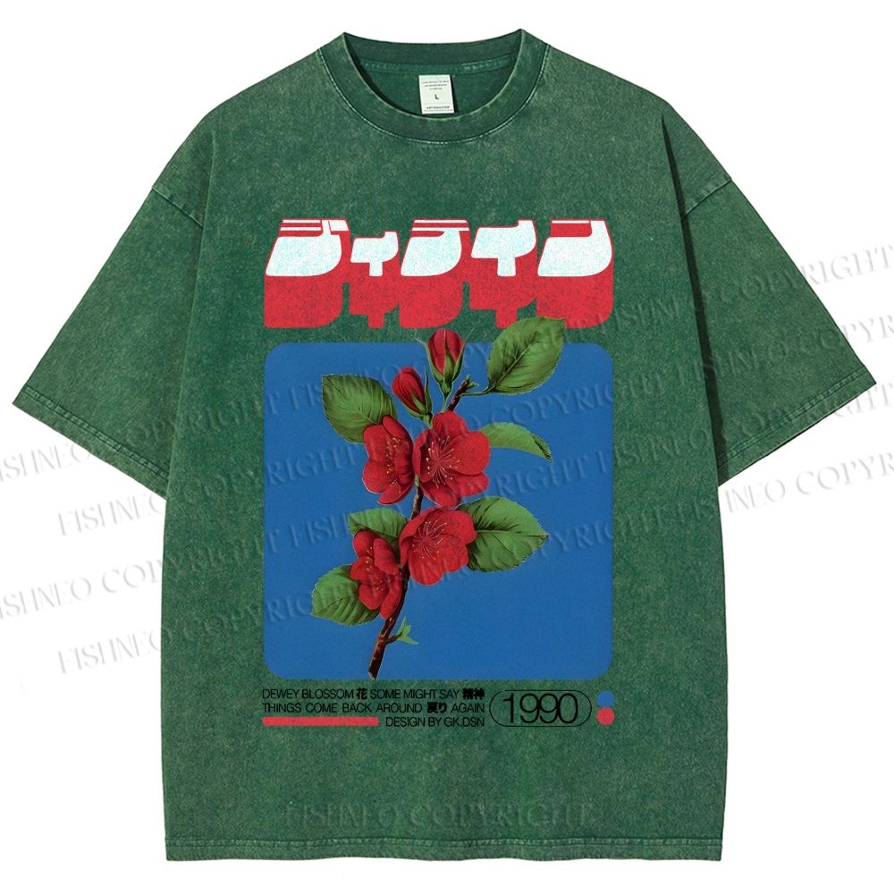 Unisex Vintage Japanese Flowers Poster Printed Washed Tee