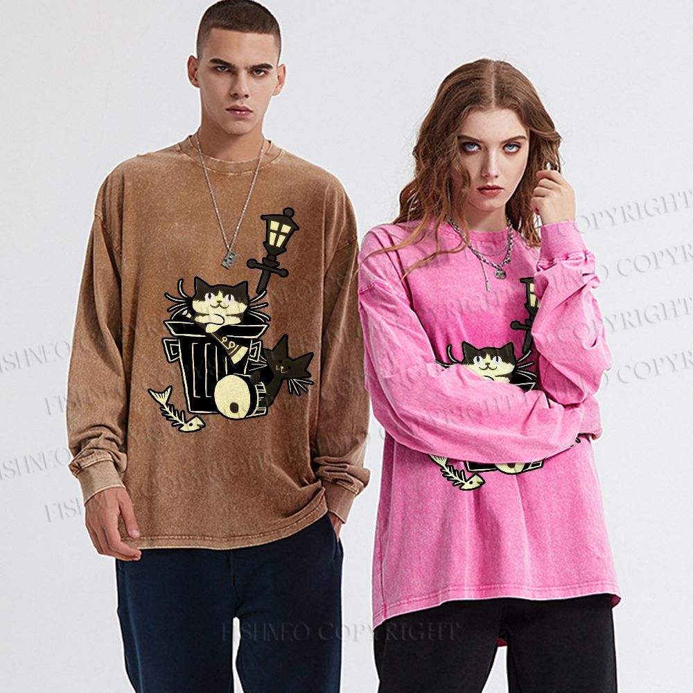 Unisex Casual Washed Vintage Cat In Trash Can Printed Long Sleeve T-shirt