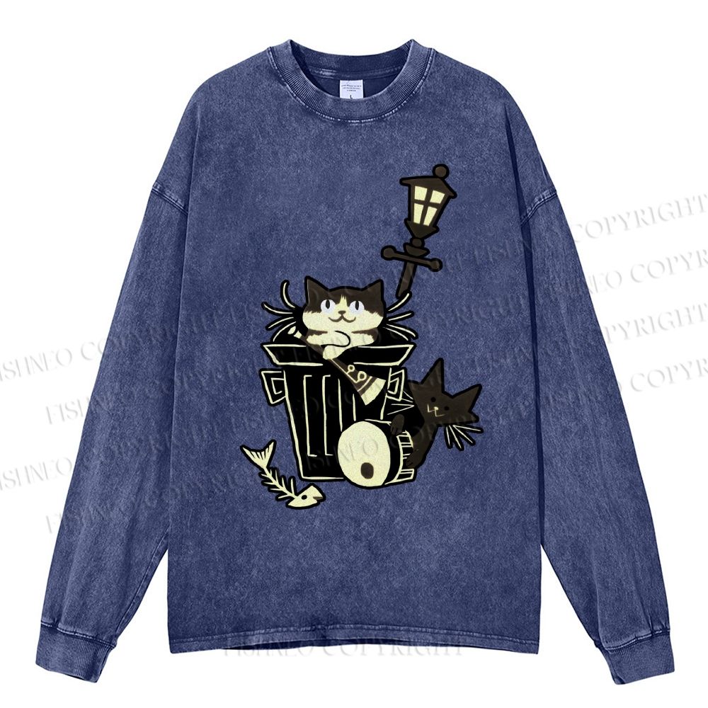 Unisex Casual Washed Vintage Cat In Trash Can Printed Long Sleeve T-shirt